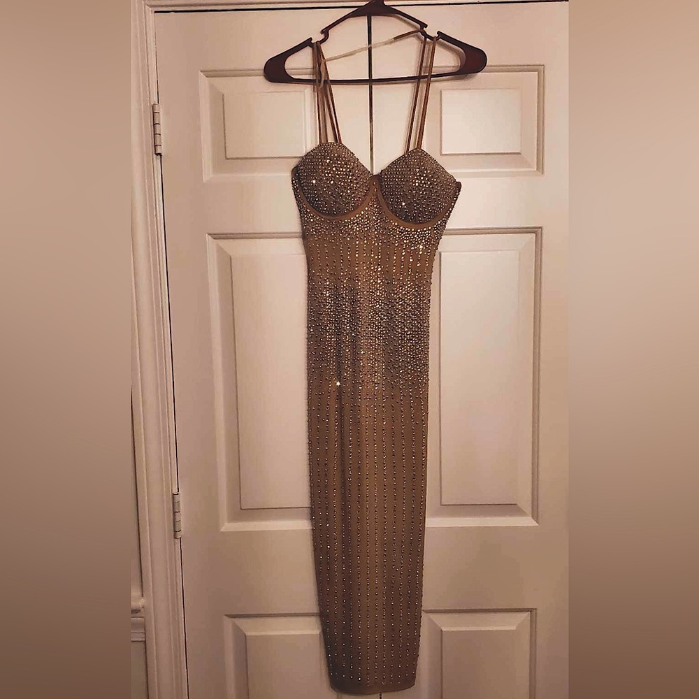 Bedazzled jeweled nude gown